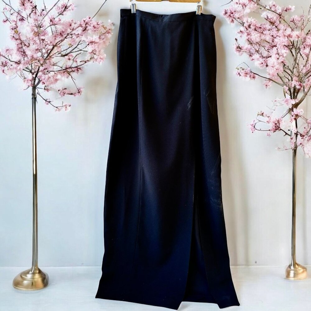 Vintage 80's Long Maxi Black Skirt Made in Hong Kong Deep Slit Lined Womens 12